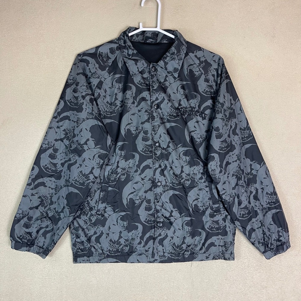 No Fear Jacket Mens L Coach Grey Black Skull Graphic All Over Print EUC